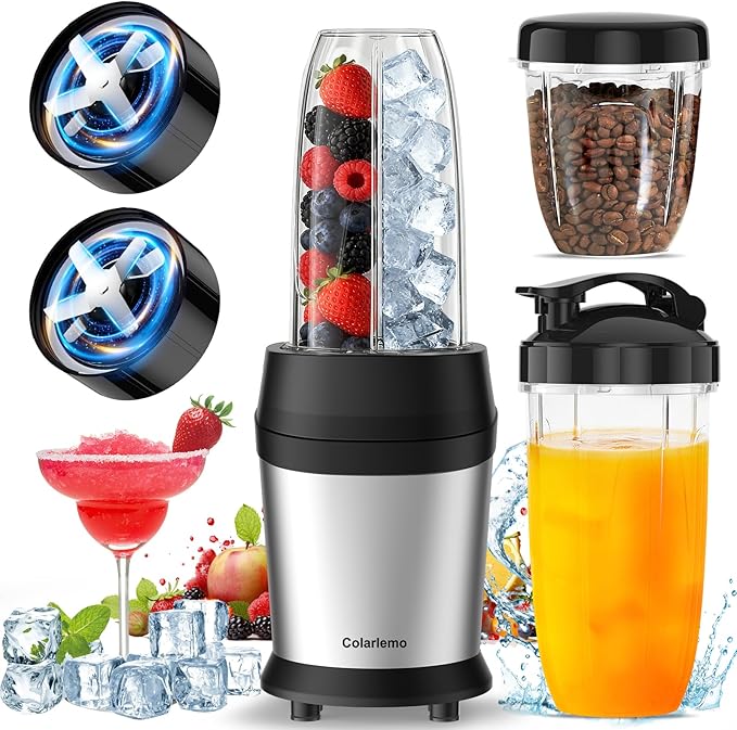 12-Piece Smoothie Blender Maker 25000 RPM Personal Blender for Ice Crushing Smoothies &amp Frozen Drinks Nuts with 23oz 32oz 37oz Portable Cups Two 6-Leaf Stainless Steel Blades Silver