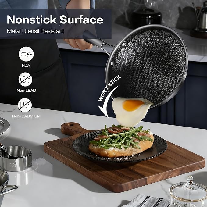 Non Stick Frying Pan Set 8 10 and 12-Inch Hybrid Non Toxic Fry Pan Skillet with Lids Dishwasher and Oven Safe Induction Ready Silver Kitchen Cookware set (8-Piece Set)