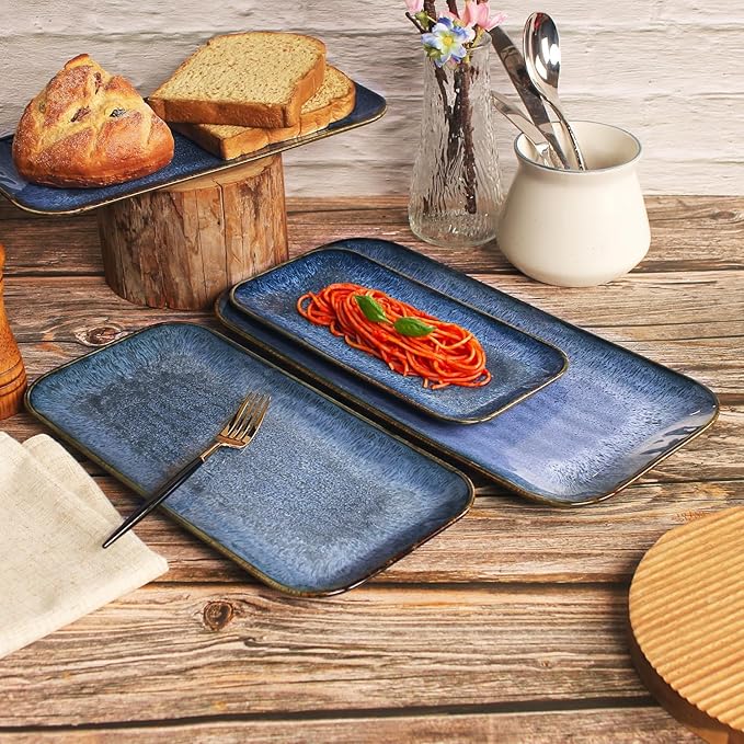 Ceramic Dinner Plates Dish SetSet of 4 for Lunch snacks - Microwave Oven &amp Dishwasher SafeScratch Resistant Dinnerware Kitchen Porcelain Serving DishesBlue 12.4 Inch Rectangle plate