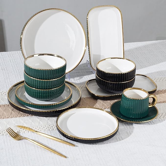 Luxury Black and White Porcelain Dinnerware Set 16 Piece Gold Rim Fluted Rim Design Service for 4 with Plates and Bowls Cups Saucers Dishwasher &amp Microwave Safe Modern (Grey)