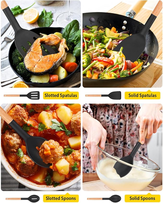 Pack of 4 Silicone Cooking Utensils Set Non Stick Solid Spatulas and Heat Resistant Slotted Spoons with Wooden Handle Ideal Wood Kitchen Utensils Set for FryingServingTurningStirring (BLACK)