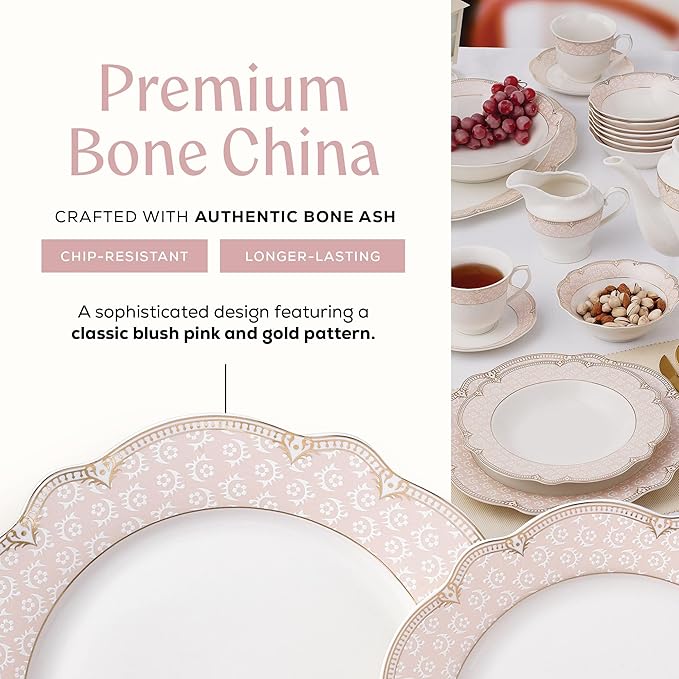 Joseph Sedgh Collection Sandra 57-Piece Bone China Dinnerware Set Service for 8 Blush Pink and Gold