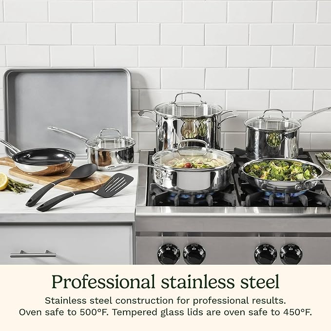 13-Piece Stainless Steel Cookware Set with Glass Lids and Kitchen Utensils