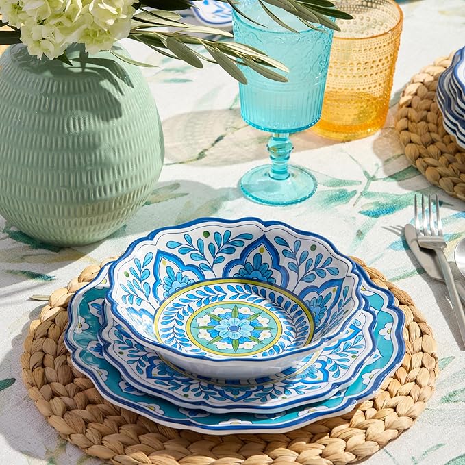 Porto 12 Pc. MELAMINE DINNERWARE SET SERVICE for 4 – artistically designed Talavera Tile Art Turquoise Blue Yellow Mandala