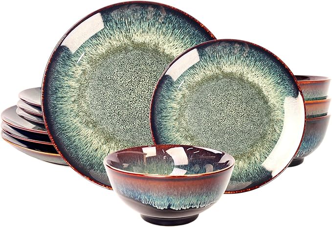 Dinner Set 12 Pieces - Round Reactive Glaze Tableware - Kitchen Dinnerware Porcelain Crockery with Dinner Plate Bowl and Soup Plate Service for 4 Microwave Dishwasher Safe Set (No.2)