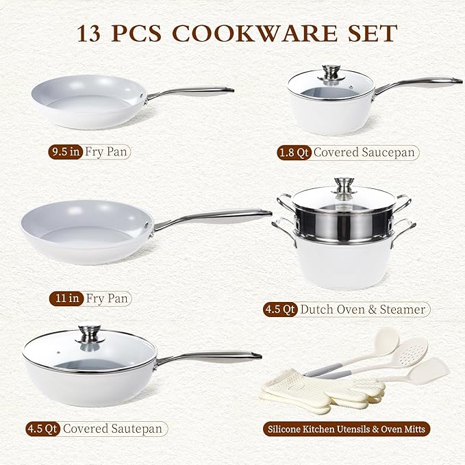 13 Piece Nonstick Kitchen Cookware Set Healthy Ceramic Aluminum Pots and Pans Set Induction/Ceramic Stove Compatible Oven/Dishwasher Safe