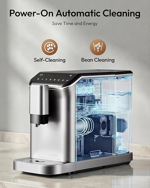 EUHOMY Fully Automatic Espresso Machine 20 Bar Coffee Maker with Grinder and Integrated Milk Frother Automatic Espresso Machine with Touch Screen 15-Grind Settings Coffee Machine for Home Silver