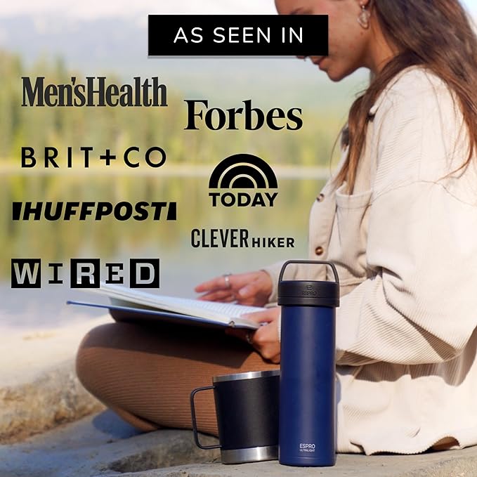 ESPRO P0 Ultralight French Press Coffee Maker for Travel Vacuum Insulated Stainless Steel 16 Ounces Aegean Blue