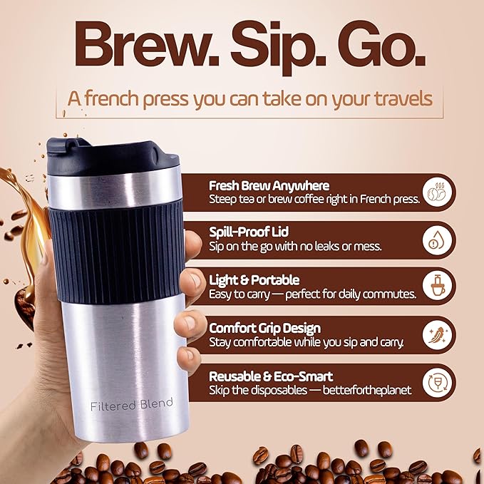 15oz Double Wall Stainless Steel Insulated French Press Coffee and Tea Maker - Portable Camping Mug and Tumbler - Heat Retaining Leak-Proof Travel-Friendly for Office and Outdoor Adventures (Black)