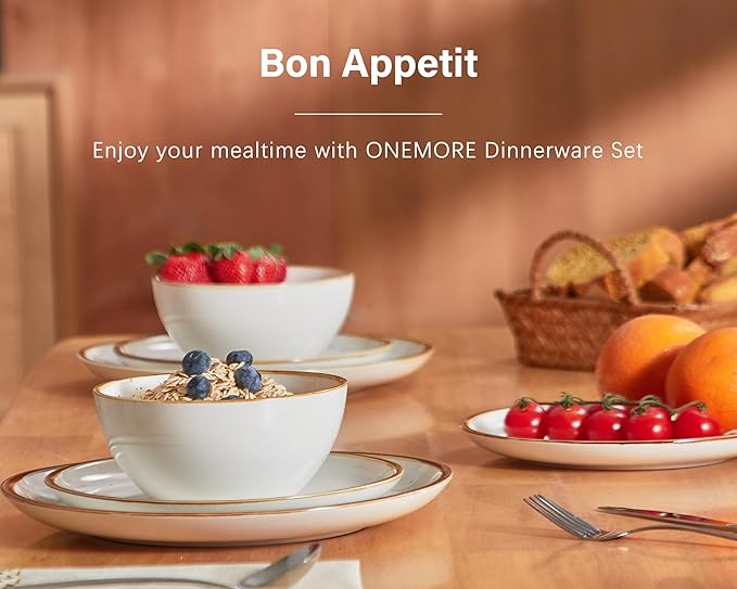 ONEMORE Ceramic Dinner Plate Large Dessert Salad PlatesDinnerware Sets 12pcsScratch Resistant Microwave &amp Dishwasher SafeCream White