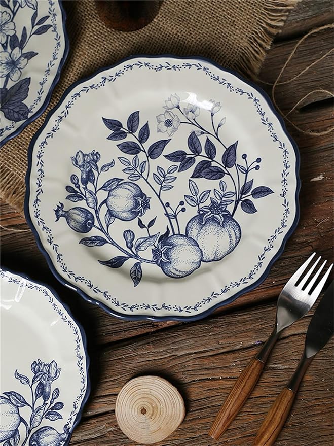Ceramic BowlSteak Dinner Plate Creative Blue Flower Branches Leaves Vegetable Pattern Bowl Plate Set Tableware Gift Giving Ceramics Dinnerware Set Dishes 4-Pieces Sets