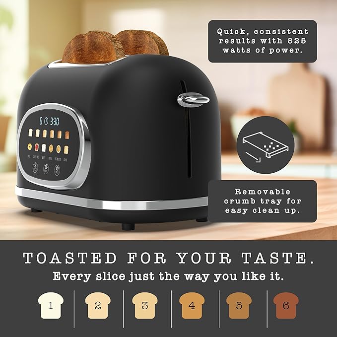 Rae Dunn Retro Digital Electric Toaster 2 Slice Stainless Steel Toaster With Touchscreen Countdown Timer 6 Shade Settings Wide Slots High Lift Lever Bagel Defrost &amp Reheat Digital Black