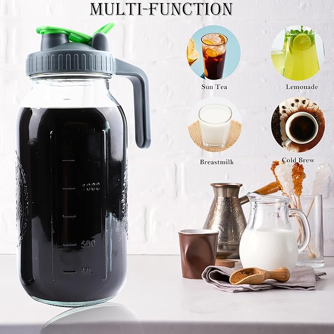 Cold Brew Coffee Maker 64 Oz Mason Jar Iced Tea Pitcher With Strainer 2 Set Half Gallon Glass Pitcher With Spout Lid 2 Quar Water Jug For Fridge Beverage Sun Tea Hot Cold Brew Lemonade Juice