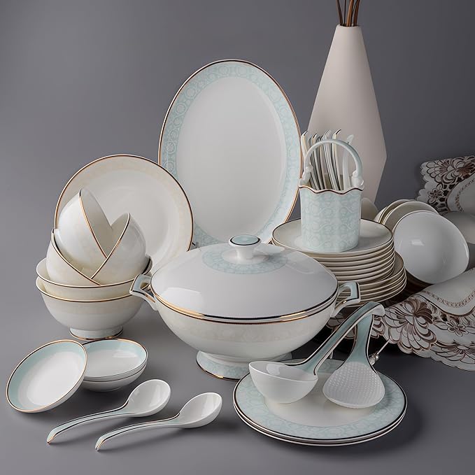 Fine Bone China Dinnerware SetPorcelain&ampCeramic Dinnerware SetsBone Stoneware &amp Ceramic Cookware Tableware Set Includes Dinner Plates|Spoons|Pasta Bowls|Soup Pot|Chopsticks (26PCS * 6-Person