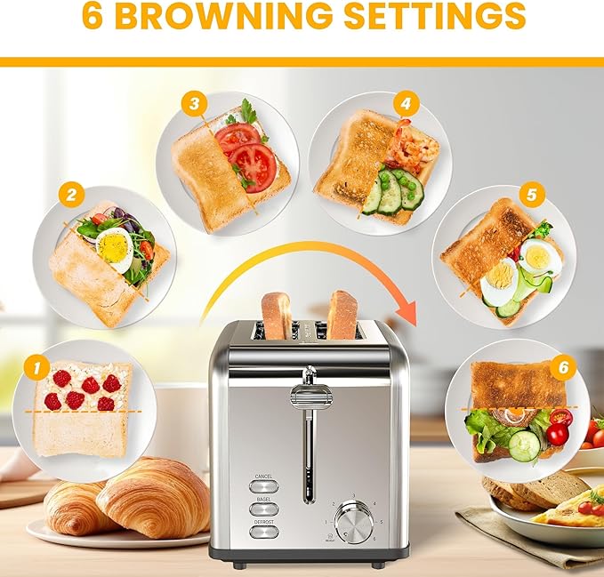 Simple Deluxe 2-Slice Stainless Steel Toaster Extra Wide Slot &amp Removable Crumb Tray 6 Browning Setting and 3 Function Toaster for Bread &amp Waffle Silver