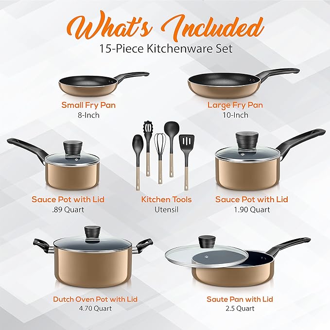 SereneLife Kitchenware Pots &amp Pans Basic Kitchen Cookware Black Non-Stick Coating Inside Heat Resistant Lacquer (15-Piece Set) One Size Gold