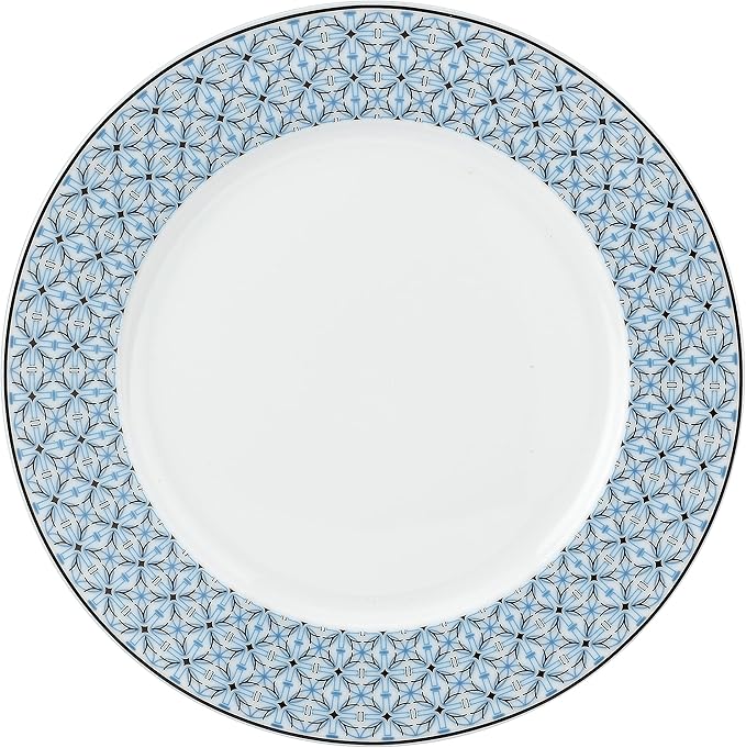 Portmeirion Home Mallorca 16 Piece Porcelain Dinnerware Set with Blue Geometric Border 4 Place Settings - Ideal for Weekday Meals Casual Brunches Relaxed Dinner Parties Small Family Celebrations