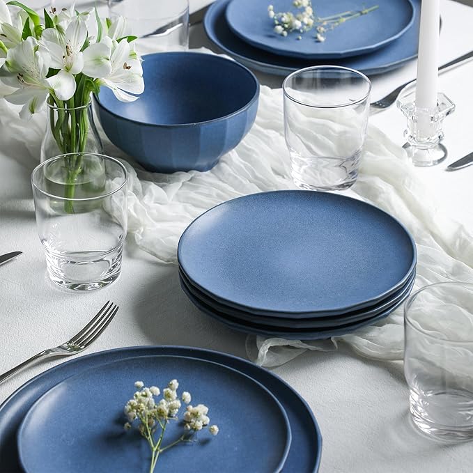 Stone Lain Rio Stoneware 32 Piece Dinnerware Set Blue Plates and Bowls Sets with Fluted Glass Cups Textured Dish Set for 8 Microwave &amp Dishwasher Safe