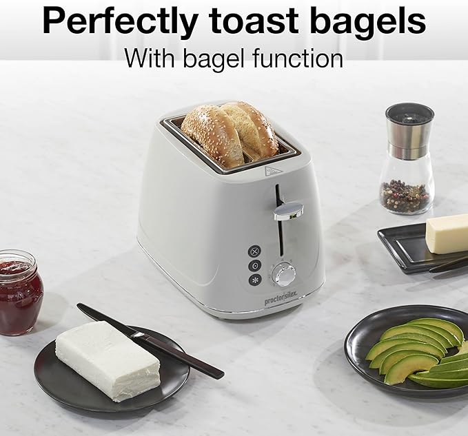 Proctor Silex Plastic 2 Slice Toaster Bagel Defrost &amp Cancel Buttons Browning Control With 7 Shades Auto Shutoff Slide-Out Crumb Tray Oat White (22660)