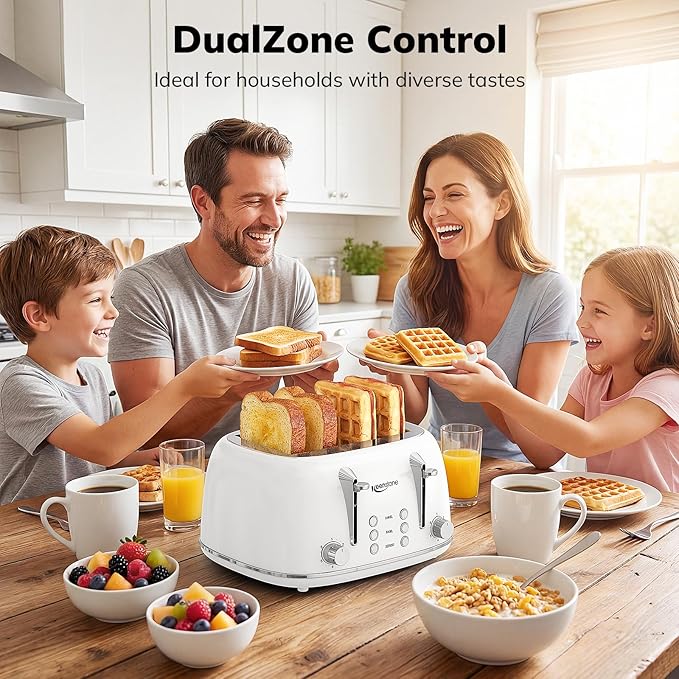 Keenstone Toaster 4 Slice Retro Stainless Steel Wide Slot Toaster with Dual Independent Controls 6 Browning Levels Bagel Defrost Reheat &amp Cancel Removable Crumb Tray White