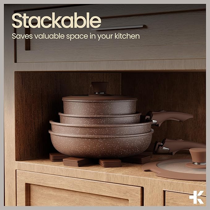 Bakken 17-Piece Ceramic Coated Aluminum Cookware Set Nonstick Pots and Pans with Lids Silicone Cooking Utensils &amp Oven Mitts All Stovetop Safe Up To 500°F PTFE &amp PFAS Free Dishwasher Safe