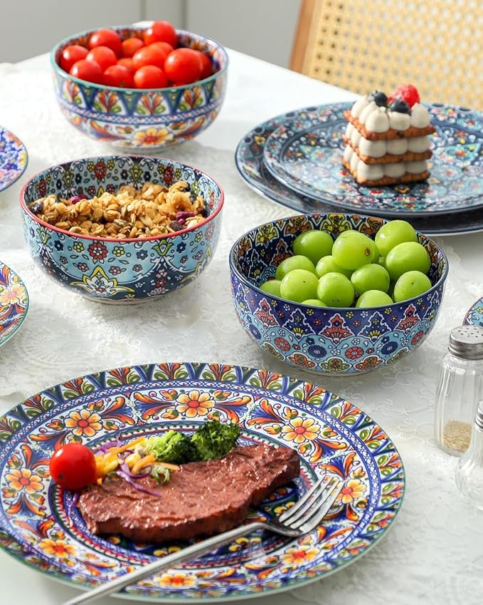 glowworm Bohemian Dinnerware Sets Ceramic Dishes Set for 4 12 Pieces Plates and Bowls Set Oven Microwave &amp Dishwasher Safe Scratch Resistant