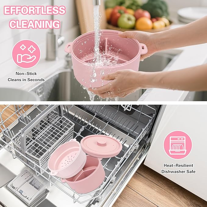 BestYiJo Microwave Rice Cooker 2-Layer Microwave Pasta Cooker and Steamer for Rice Vegetables Quinoa Oatmeal Ramen –Silicone Non-Stick(PINK)