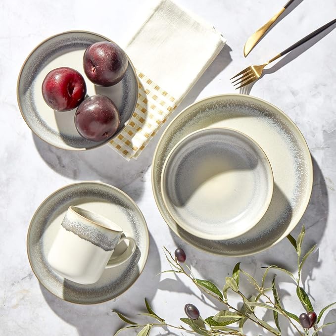 Tabletops Gallery Industrial Farmhouse Dinnerware- Stoneware Dishes Service for 4 Dinner Salad Appetizer Dessert Plate Bowls 16 Piece Hudson Dinnerware Set with Reactive Glaze