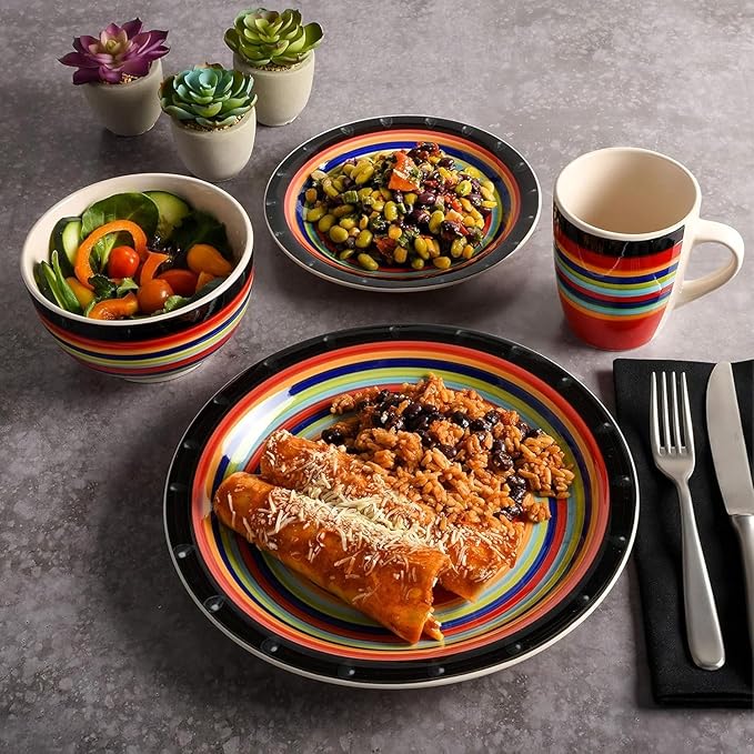 16-Piece Red Stoneware Dinnerware Set – Round Plates Bowls &amp Mugs with Multicolor Ring Design Microwave &amp Dishwasher Safe Tableware for 4