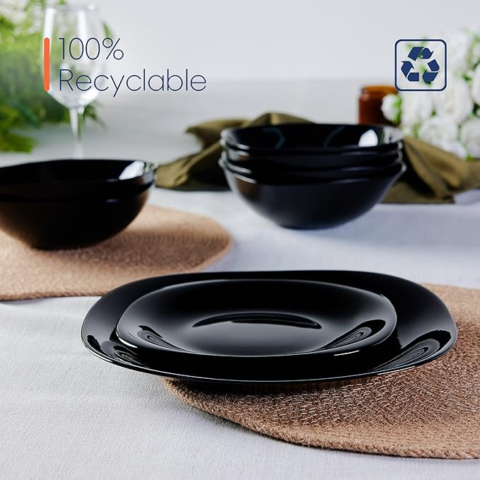Square Dinnerware Sets for 4 12 Pieces Opal Glass Plates and Bowls Set Dishwasher and Microwave Safe Dish Dinning Ware Set Chip and Scratch Resistant Dishware Sets Black