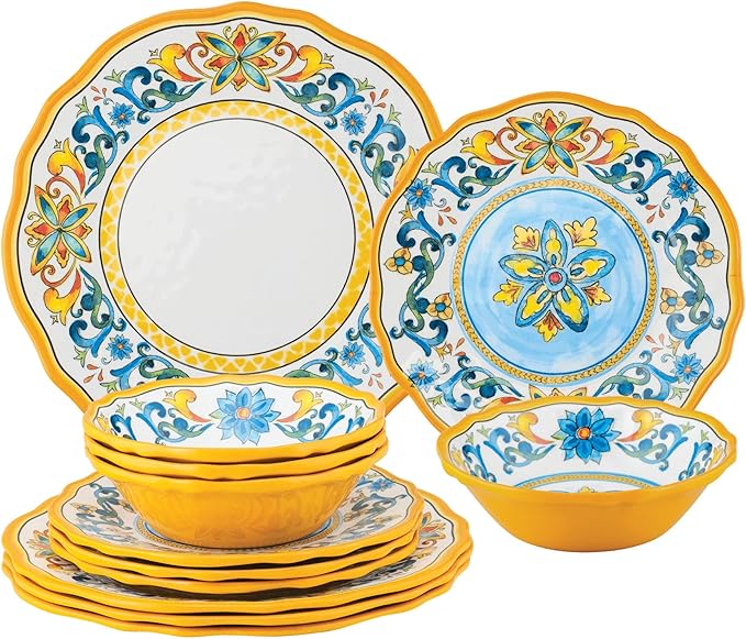 UPware 12 Piece Chianti Melamine Dinnerware Sets Outdoor Dishes Set Plates and Bowls Sets Service for 4 Multicolor