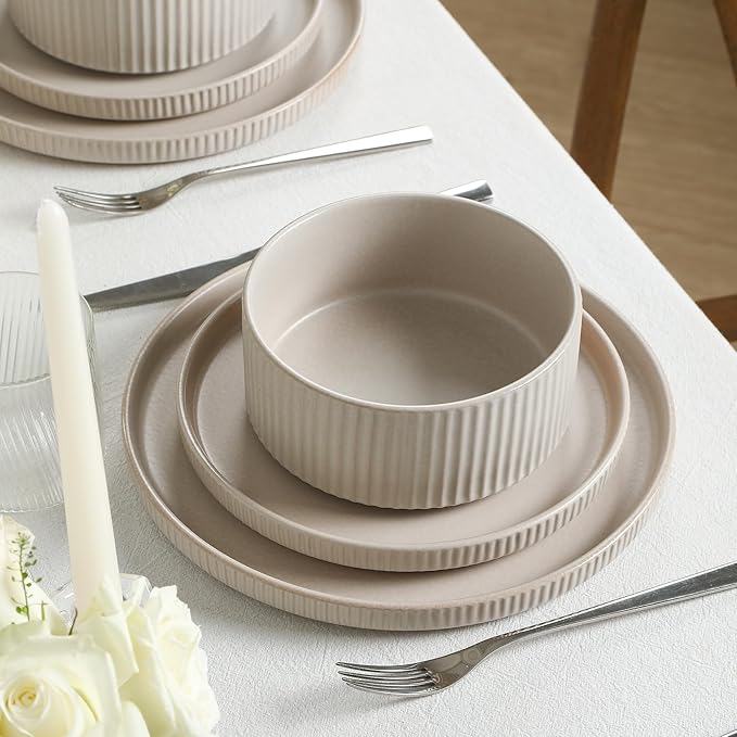 Stone Lain Haven Modern Stoneware 4 Piece Bowls Sets Dish Set for 4 Reactive Glaze Sandy White