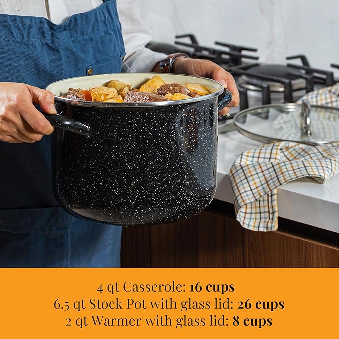 Granite Ware 5-Piece Bicolour Cookware Set Enameled Steel with Glass Lid Speckled Black &amp Cream Oven Safe to 935°F