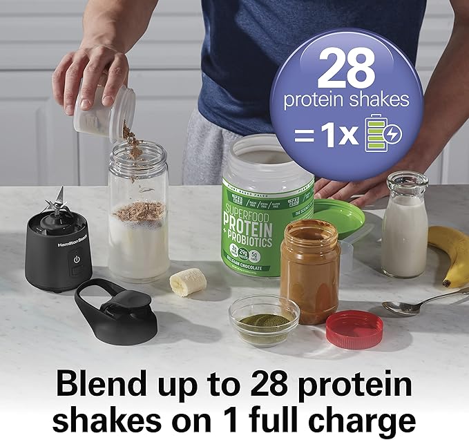 Hamilton Beach Mini Cordless Portable Personal Blender for Shakes and Smoothies USB Rechargeable 16 oz. Jar with Leakproof Travel Lid 6 Stainless Steel Blades Black (51180)