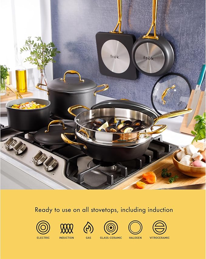 Frok 10 Piece Pots and Pans 4MM Thick Quick Heat Aluminum Cookware Set w/Premium PFA Free Ceramic Nonstick Interior Heat Resistant Exterior - Induction - Black &amp Gold