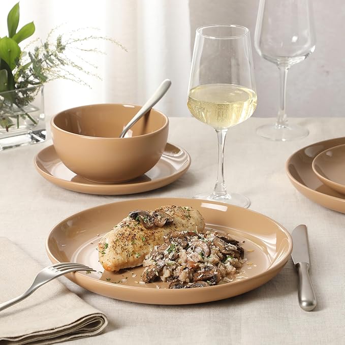 Gibson Home Rockaway 12-Piece Round Stoneware Dinnerware Set Service for 4 – Beige Plates and Bowls Modern Matte Finish Microwave &amp Dishwasher Safe