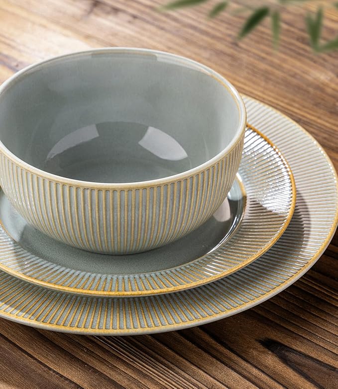 TheTerra Stoneware Dinnerware Sets for 4 12 Pieces Ceramic Plates and Bowls Sets Scratch Resistant Embossed Dish Set Oven Microwave &amp Dishwasher Safe Desert Sage
