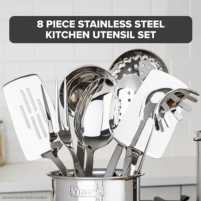 Viking Kitchen Utensils Set 8 Piece Stainless Steel Cooking Utensil Set Includes Spatulas Spoons Pasta Fork Deep Ladle Meat Fork and Skimmer Silver