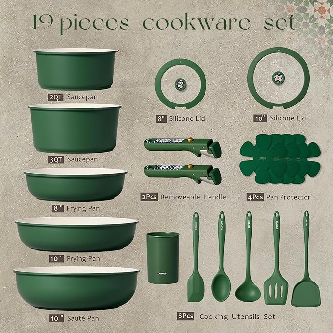 CAROTE 19Pcs Ceramic Cookware Set Pots and Pans Set Non stick Non Toxic Cookware Detachable Handle Kitchen Cooking Set - Induction Cookware Dishwasher/Oven Safe PFAS Free Green