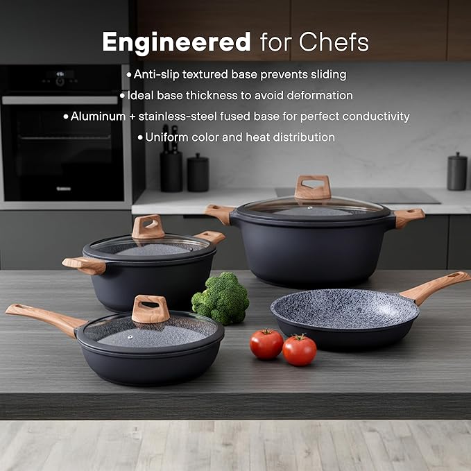 KOCHSTELLE 7-Piece Granite Cookware Set with Lids | Non-Stick Aluminum Pots and Pans Set with Wood Handles | Ceramic Pan Set + 3-Piece Silicone Utensils | Durable Cooking Set