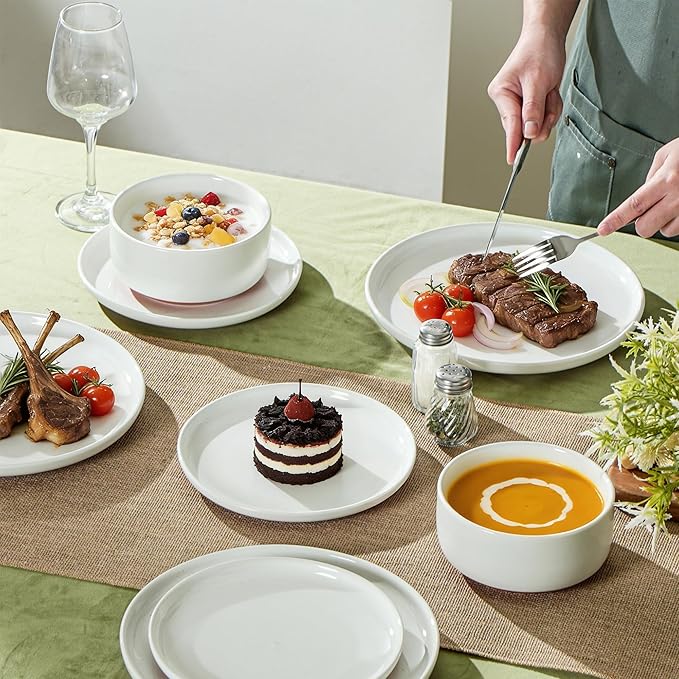Plates and Bowls Sets 6 Piece Ceramic Dinnerware Set for Family and GatheringsDishes Set for 2Dishwasher &amp Microwave Safe Handcrafted Dishware SetsElegant White