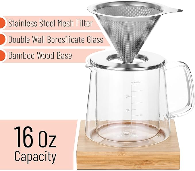 Brew To A Tea BTaT- Pour Over Coffee Maker Set Double Wall Glass 16 oz Drip Coffee Maker Pour Over Permanent Filter
