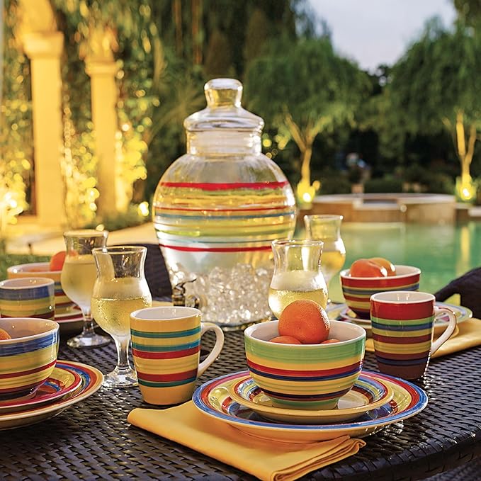 BrylaneHome 16 Piece Santa Fe Dinnerware Set (Service for 4) Includes Dinner &amp Salad or Dessert Plates Bowls Mugs Colorful Stripe Southwestern Fiesta Pattern - Multi Stripe