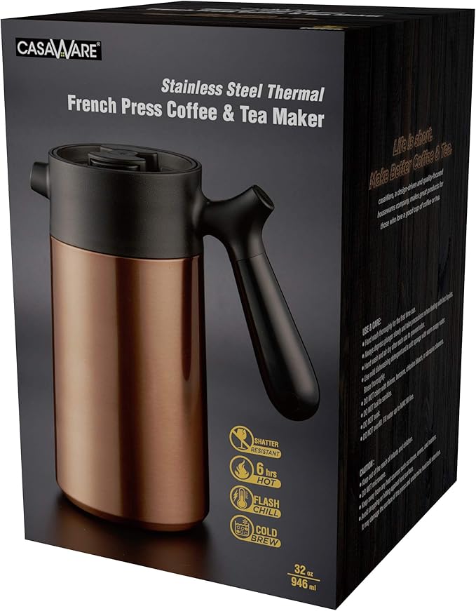 casaWare Stainless Steel 32-Ounce Thermal French Press Coffee and Tea Maker (Copper)