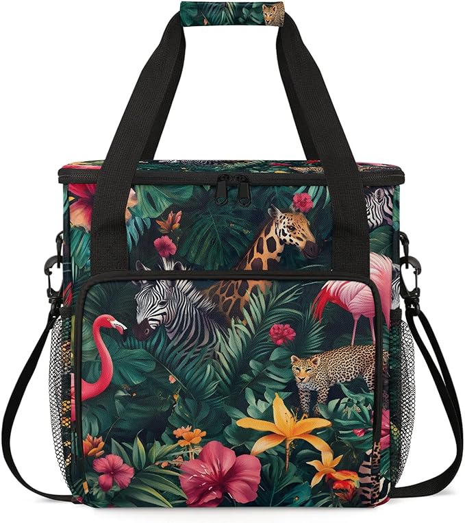 Tropical Animals Coffee Maker Travel Bag Palm Leaves Insulated Grocery Bag Travel Picnic Leakproof Cooler Bags With Shoulder Strap