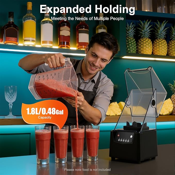 Commercial Blender 2200W Professional Smoothie Blender with Soundproof Shield 61oz Heavy Duty Quiet Blenders with Self-Cleaning and 5 Preset Timer for Home Office Shakes Ice