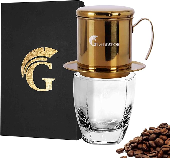 Vietnamese Coffee Maker Filter Phin Small French Press Portable Cup Single Serve Coffee Makers Gift for coffee lovers (Gold 1)