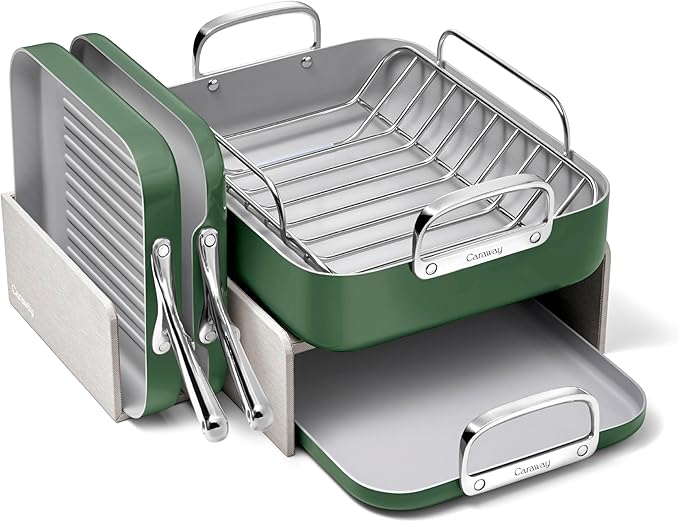 Caraway Square Cookware Set - Square Pans Set - Perfect for Griddling Toasting Searing Roasting and More - Non-Stick Ceramic Coated Pans - Non Toxic PTFE &amp PFOA Free - Sage
