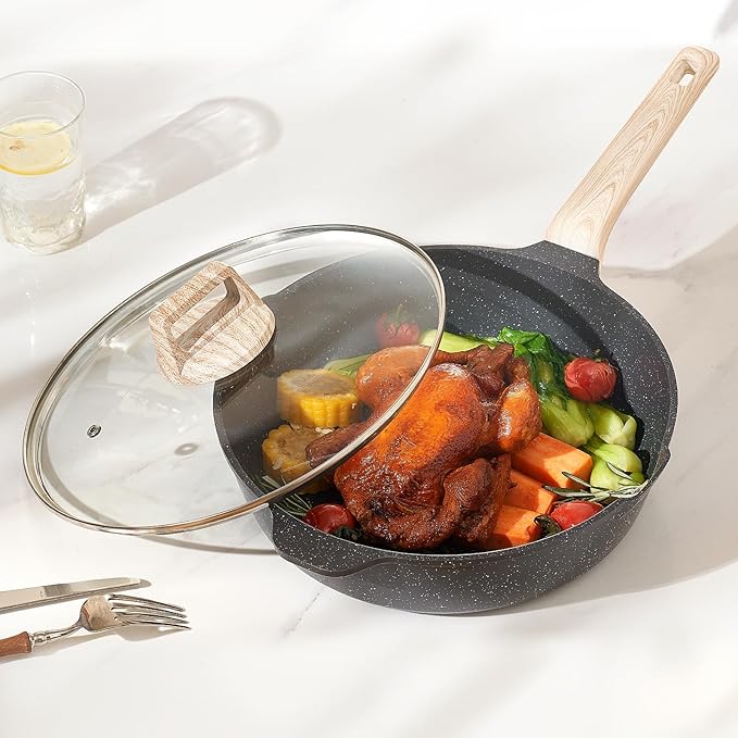 VEVOR 17 Piece Pots and Pans Set Nonstick Granite Cookware Set Induction Cookwares Kitchen RV Cooking Sets with Frying Sauce Saute Tempered Glass Lids and Pan Protectors Black