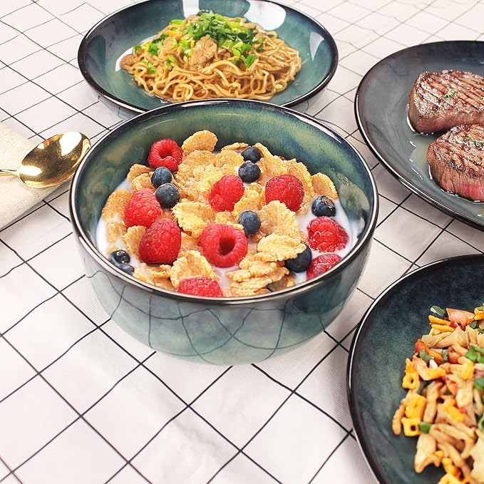 Ceramic Dinnerware (16 pcs) Serve 4 people Plates and Bowls Sets Reactive Glaze Dishes Set Chip Resistant and Scratch Resistant Dishwasher Microwave Safe Suitable for dinner parties